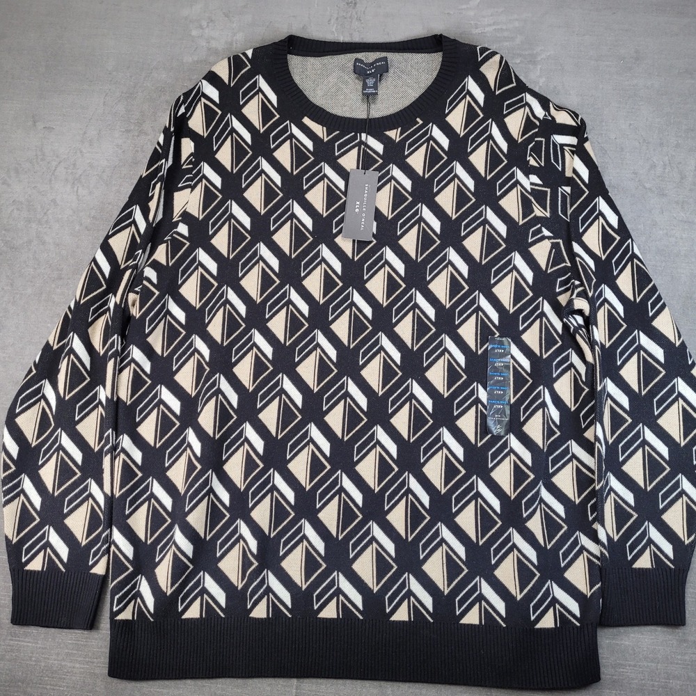 Shaquille Oneal Mens‎ XLG Black Tan White Geometric Print Sweater 4XL Long